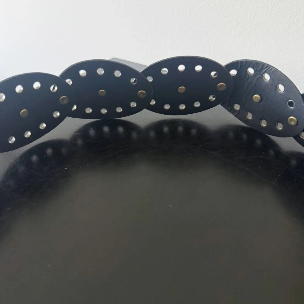 Boho Western Black Faux Leather Medallion Grommet Tie Belt Waist cinch NWOT